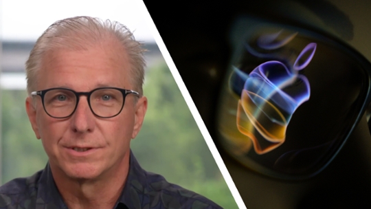 split screen image of Greg Joswiak and Apple logo