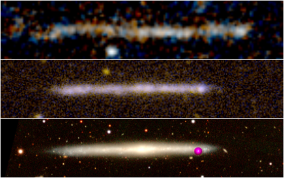 Runaway black hole chased by star trail really a galaxy?