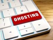 Ghosting, keyboard with a ghosting key. Close-up computer keyboard, one key is red. Internet contact or online dating contact disappears without any reason and is still visible. 3D illustration