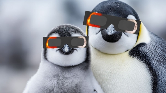two penguins wearing paper solar eclipse glasses