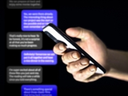Text message scam with phone. Mobile sms hacker. Romance fraud on social media. Chat bubbles. Scammer and online catfish threat. Infidelity, phishing or illegal conversation. Fake profile.