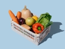 Plastic box of organic vegetables and fruits on blue background. Grocery subscription boxes. Meal kits home delivery.
