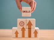 Skill individual development concept. Up new ability skill for business technology evolution. Worker learning upskill. Hand hold wood cube on digital skill icon. Competency training, education concept