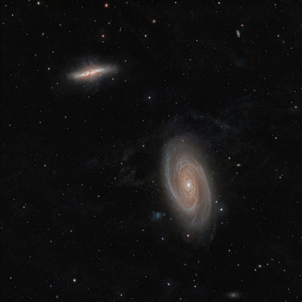 UNIVERSE, UNSPECIFIED - 2025/04/02: (EDITORS NOTE: Image is a digital composite.) (EDITOR'S NOTE: Image is a digital composite.) Messier 81, in Ursa Major, is one of the most visible spiral galaxies in the sky. It forms a physical pair with its neighbor, M82, and is the dominant galaxy in the M81 group.
M81 is likely about 12 million light-years away, has a diameter of at least 70,000 light-years, and its mass has been estimated at around 250 billion Suns.
A few hundred million years ago, a close encounter occurred between M81 and its smaller neighbor, M82, during which the latter was dramatically deformed.
M81 is still gravitationally interacting with Messier 82. The interactions have stripped away some hydrogen gas, leading to the formation of filamentary gas structures in the group. In addition, the interactions have also caused some interstellar gas to fall into the center of Messier 82, leading to strong star formation activity. (Photo by Jorge Fernández/LightRocket via Getty Images)