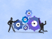 Illustration of people working together to set up a gear mechanism