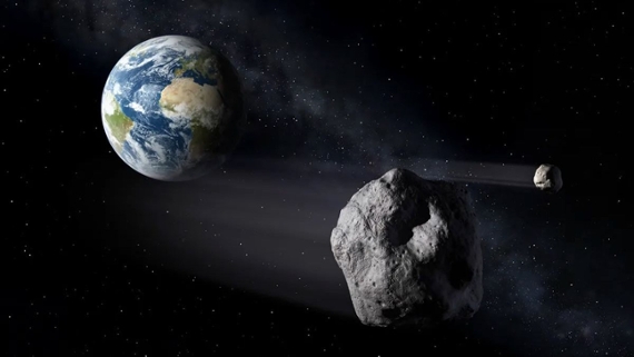 an illustration of a lumpy rock flying near Earth
