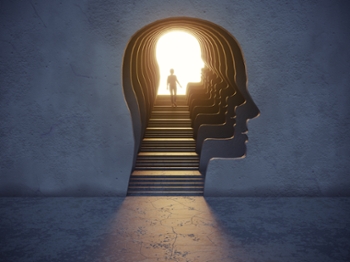 Woman standing in front of glowing portal gate shaped of human head. (3d render)
