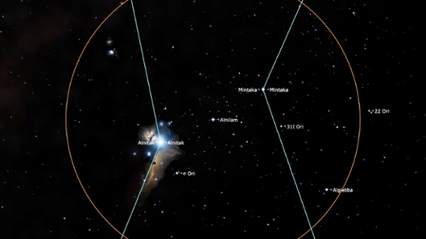 A graphic showing the three stars of Orion's Belt labelled in a black night sky.