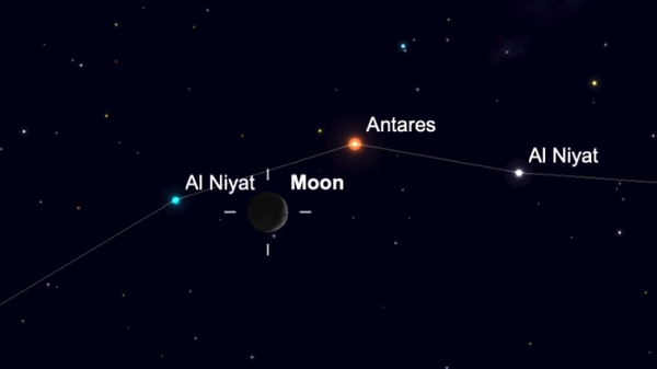 Starchart showing the location of the moon close to the red star Antares.