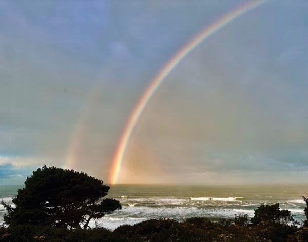 A double rainbow off the coast of Bandon, Oregon