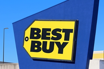 A Best Buy store sign is in Brampton, Ontario, on February 1, 2026. (Photo by Mike Campbell/NurPhoto via Getty Images)