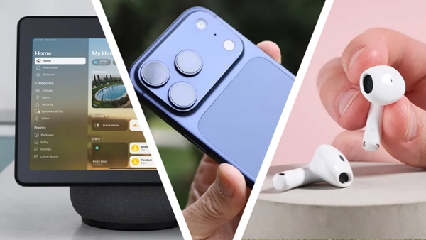 triptych image of a smart display, iphone and airpods
