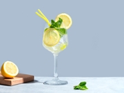 Trendy Hugo Spritz cocktail drink with lemon, mint leaves and ice on light gray concrete background, front view, copy space. Creative summer cocktail party concept. Limoncello Spritzer.