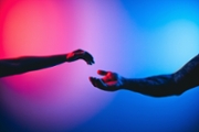 Conceptual image symbolizing connection, human interaction, and technology merging with emotion between sexes. Represents AI empathy, digital communication, and the evolving relationship between humans and machines in the era of artificial intelligence.