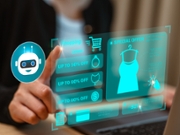 Futuristic online shopping interface with AI chatbot assistant, digital retail dashboard, and touch interaction on laptop. Concept of ecommerce technology, secure payment, and smart customer experience.