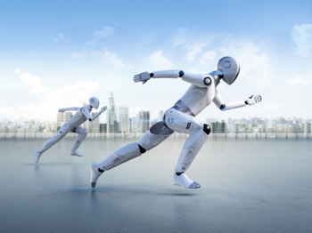 Artificial intelligence robot for smart city with 3d rendering assistant robot run or move ahead in city