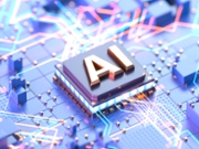 Close-up of an AI chip on a futuristic circuit board, highlighting artificial intelligence technology and digital connections. 3D illustration.