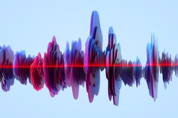 Digital generated image of abstract impulse made out of blue circular shapes being scanned using red laser on blue background.