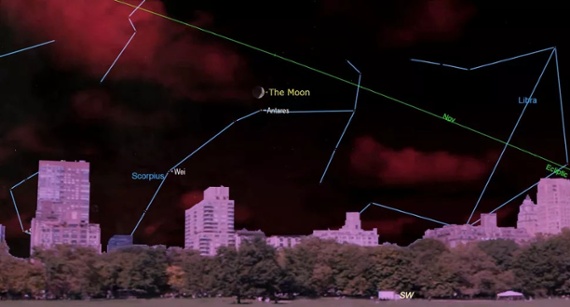 See the crescent moon shine above the red star Antares tonight