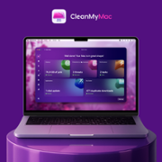 Laptop sitting atop a plinth with the clean my mac logo above it