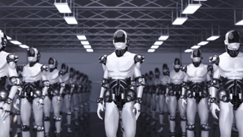 Robots line up in a factory space. Each robot has a similar design and they are all facing the same direction. The setting has bright lights above and a clean floor.