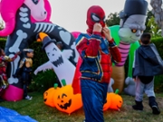 Pasadena, CA, Tuesday, October 24, 2023 - Logan Escaraman, 3, channels his inner Spiderman while playing with other superheroes at a halloween party hosted by Union Homeless Services. (Robert Gauthier/Los Angeles Times via Getty Images)