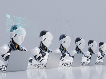 Digital generated image of multiple robots working on laptops siting in a raw. Smart technology, automation and artificial intelligence concept.