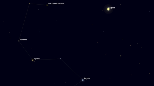 The location of Jupiter is shown in a black sky close to the stars of the constellation Leo.