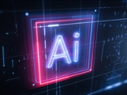 Futuristic technology background with glowing neon &ldquo;AI&rdquo; text inside a red and blue frame on a digital HUD interface, featuring data elements and copy space. Concept for artificial intelligence, machine learning, innovation, and cybersecurity.