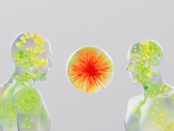 Digital generated image of glass human figures looking on illuminated sphere. Concept of artificial intelligence, relationship and new fintech.