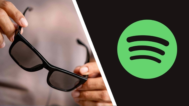 A pair of smart glasses with the Spotify logo
