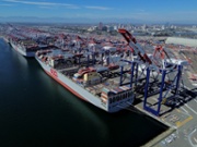 The Oocl Korea and the Oocl Sunflower container ships at the Long Beach Container Terminal at the Port of Long Beach in Long Beach, California, US, on Tuesday, July 8, 2025. President Donald Trump vowed to push forward with his aggressive tariff regime in the coming days, stressing he would not offer additional extensions on country-specific levies set to now hit in early August while indicating he could announce substantial new rates on imports of copper and pharmaceuticals. Photographer: Eric Thayer/Bloomberg via Getty Images