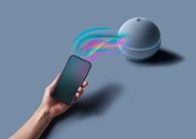Using a smart phone to connect to a smart phone.Assistant smart speaker with artificial intelligence concept.