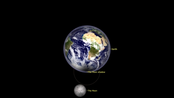 A graphic of Earth and the moon showing where the latter's shadow will fall on the southern hemisphere during the annular solar eclipse on Feb. 17