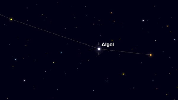 The star Algol is shown in a black simulated sky surrounded by other stars.