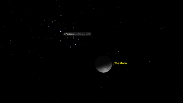 Monday, Feb. 23: Half-moon skims the Pleiades