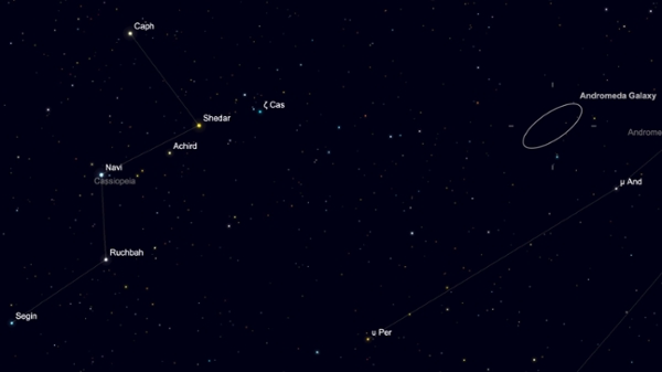 A star chart showing the location of the Andromeda Galaxy in the context of the constellation Cassiopeia