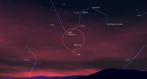 See Red Planet Mars beside blue star Regulus tonight