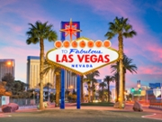 Las Vegas, Nevada, USA at the Welcome to Las Vegas Sign at dusk.