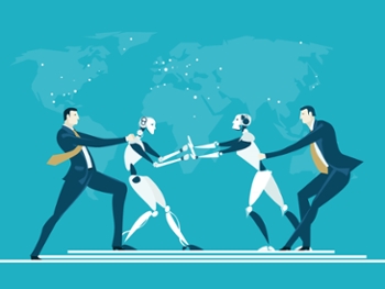 RPA Robotic progress automatisation concept illustration. Humans vs Robots. Human and robot fighting for the managing position