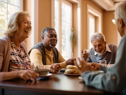 Happy African American senior man talking to his friends while eating at dining table at nursing home.