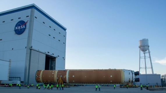 NASA rolls Artemis 2 moon rocket core off factory floor