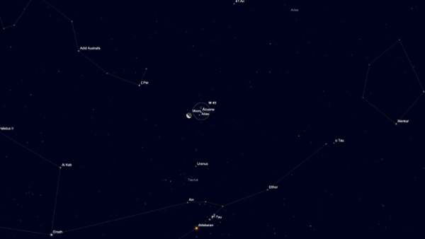 Friday, Aug. 7: The moon glows with the Pleiades open star cluster