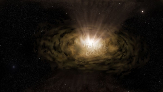 a swirling cloud of dust with a bright orb of light in the center, on a black background