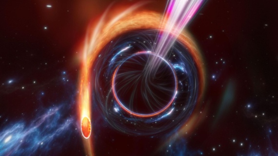 Super-distant black hole is blasting its leftovers at Earth