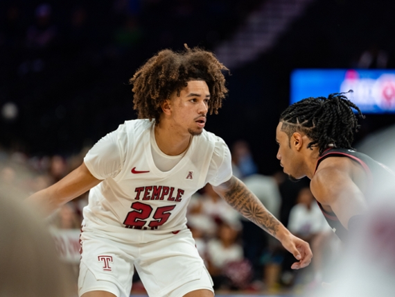 Aiden Tobiason of Temple is in action during the Big 5 Classic in Philadelphia, Pennsylvania, United States, on December 6, 2025. (Photo by Nathan Morris/NurPhoto via Getty Images)