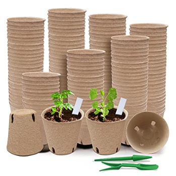 120 Biodegradable Seed Starter Pots with 30 Plant Labels and 2 Transplant Tools, view at Amazon